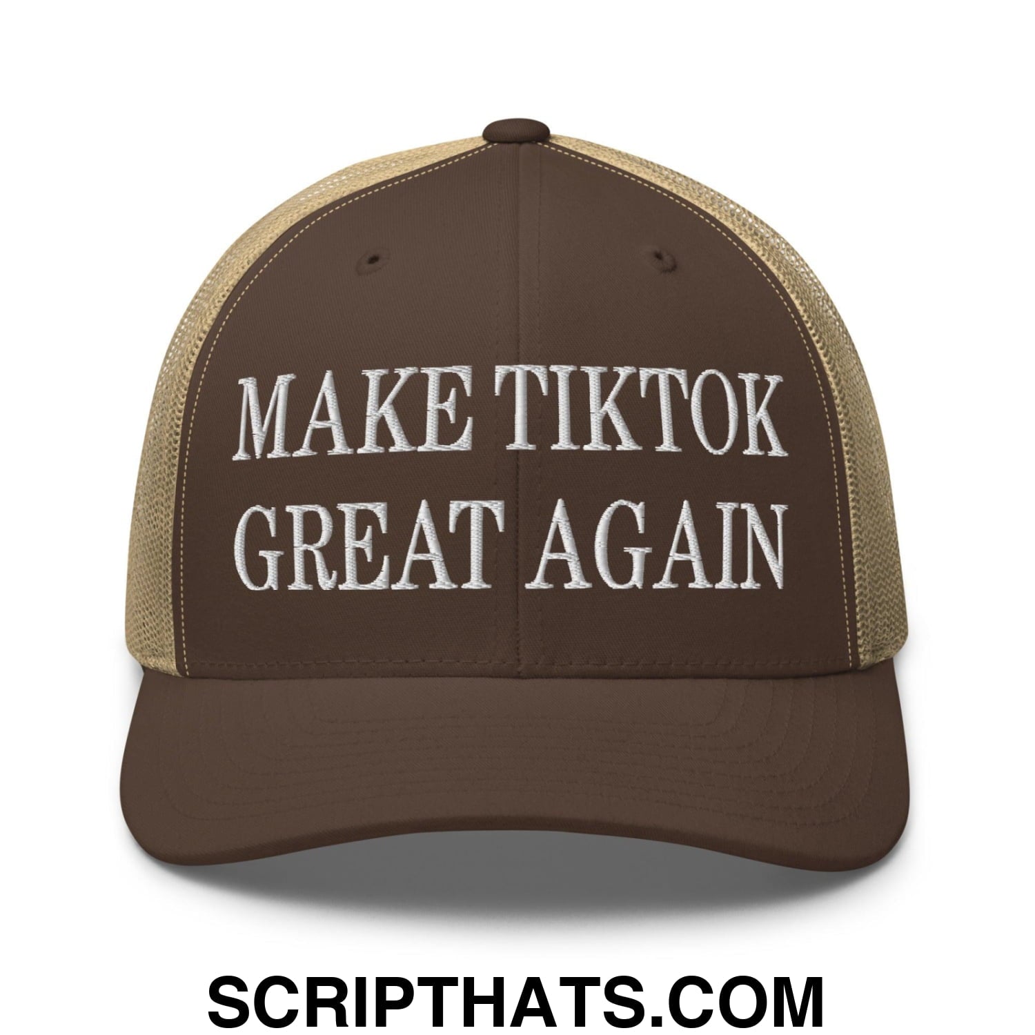 Make TikTok Great Again Embroidered Mesh Trucker Hat Brown Khaki