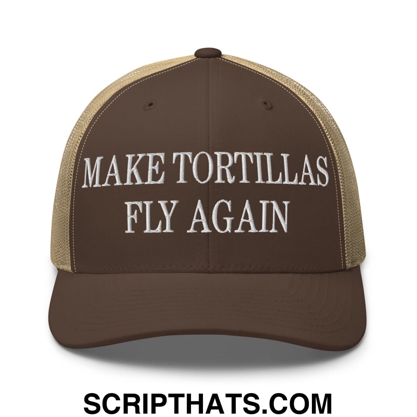 Make Tortillas Fly Again Embroidered Mesh Trucker Hat Brown Khaki