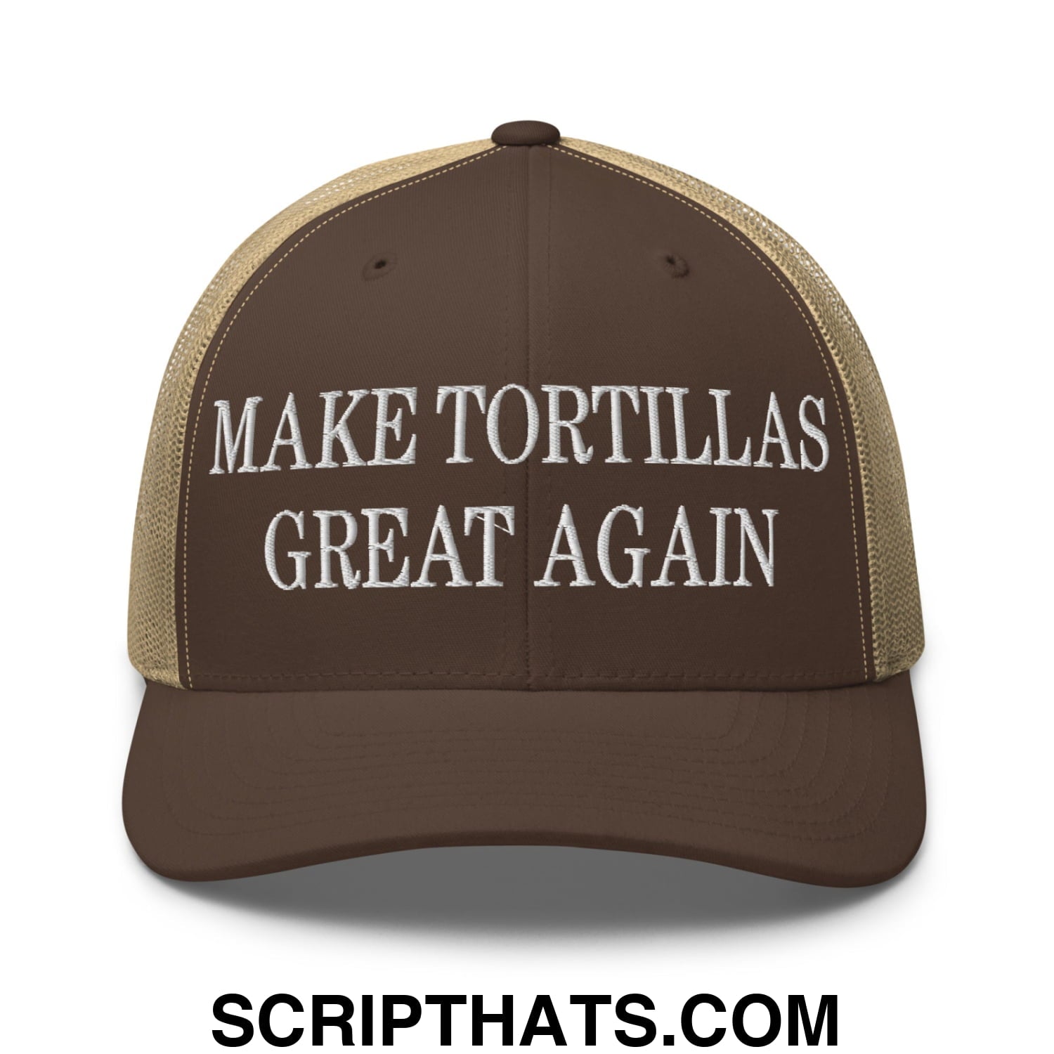 Make Tortillas Great Again Embroidered Mesh Trucker Hat Brown Khaki