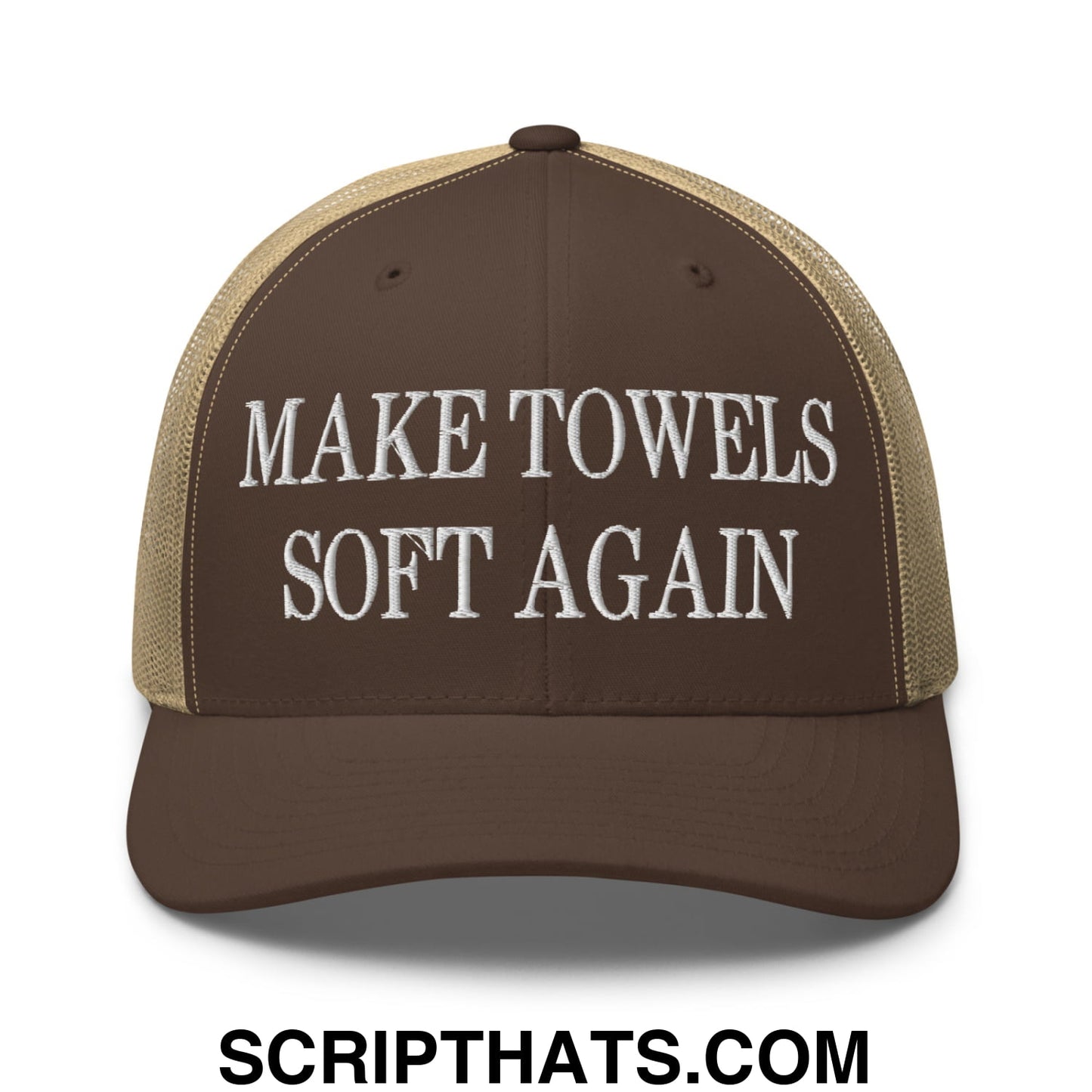 Make Towels Soft Again Embroidered Mesh Trucker Hat Brown Khaki