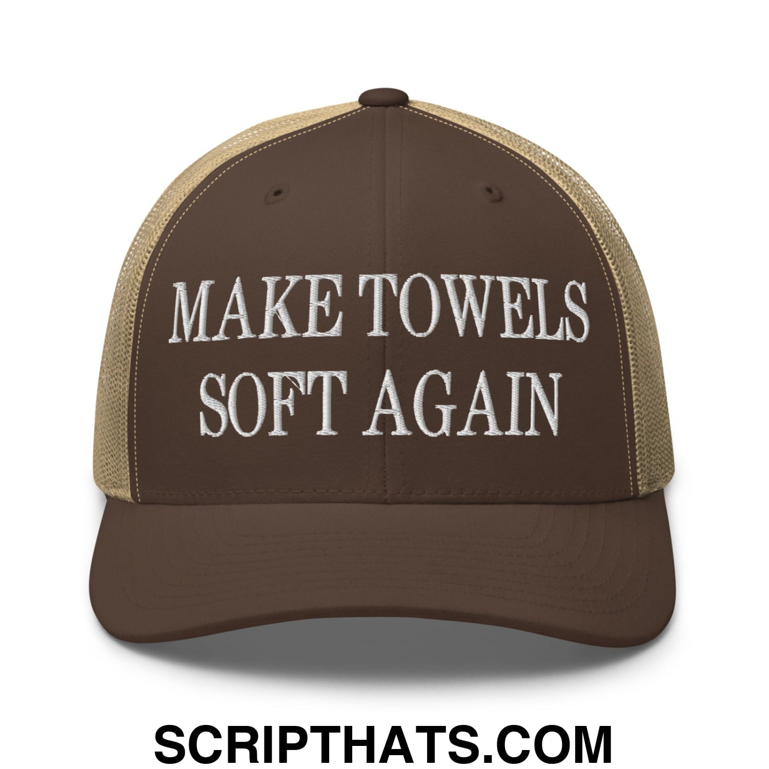 Make Towels Soft Again Embroidered Mesh Trucker Hat Brown Khaki