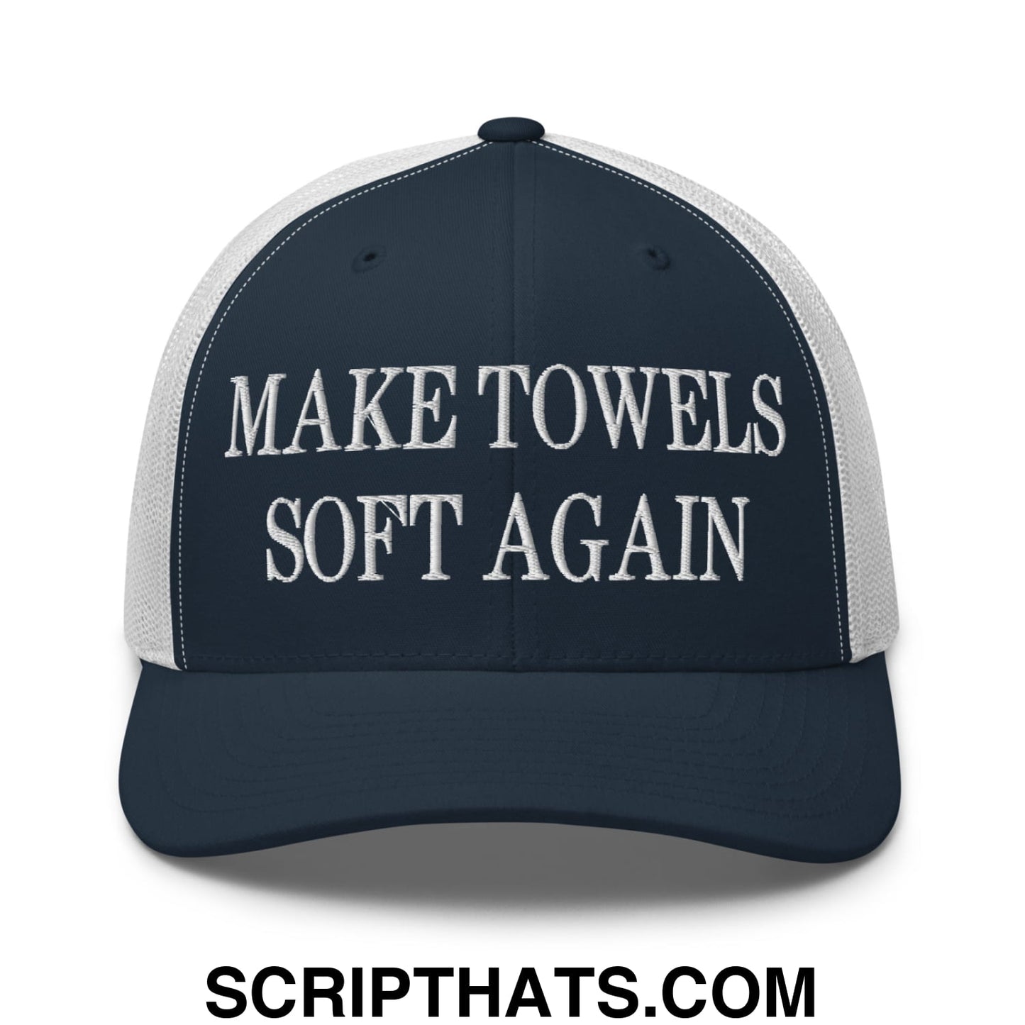 Make Towels Soft Again Embroidered Mesh Trucker Hat Navy White