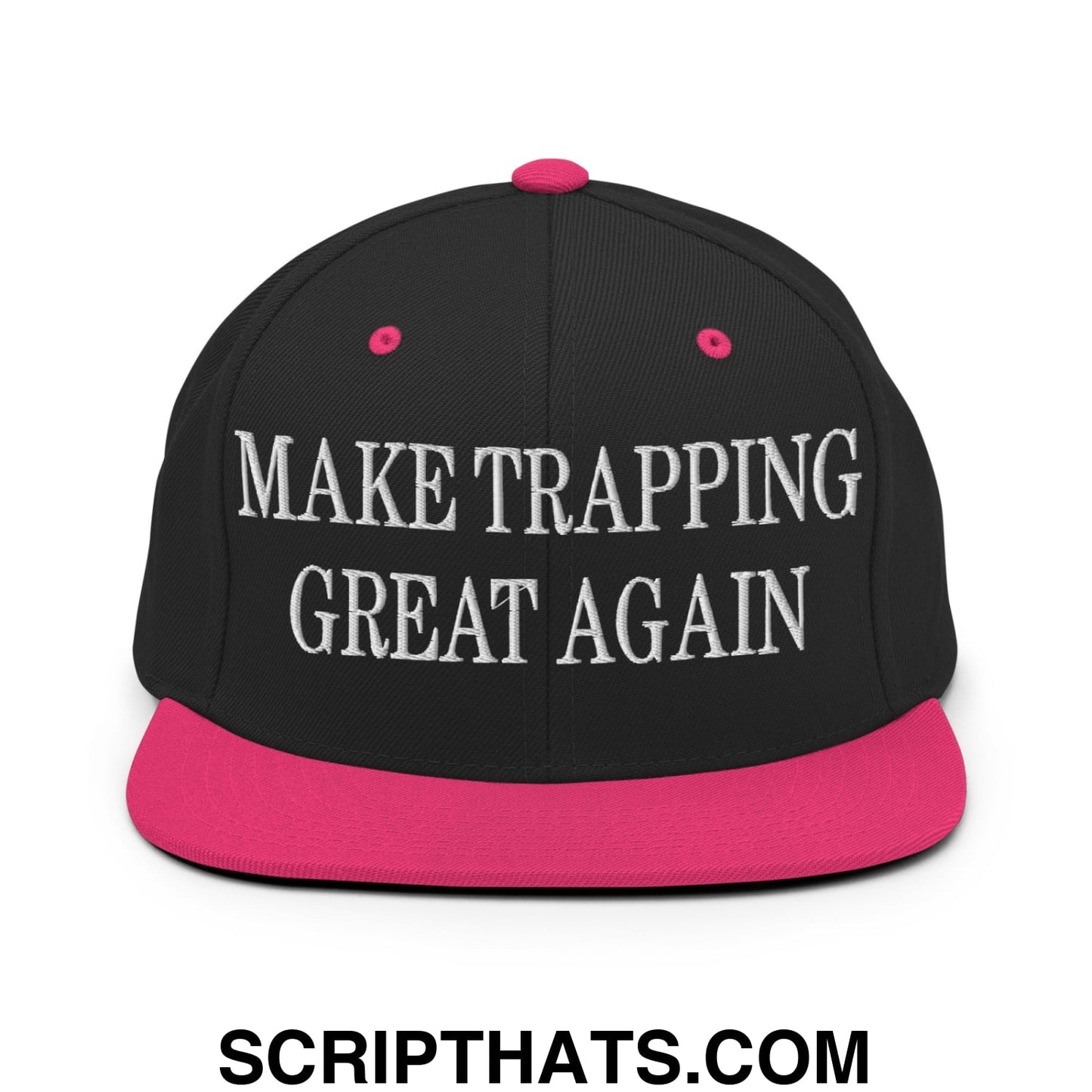 Black snapback cap with pink brim and button featuring white embroidered make trapping great again text