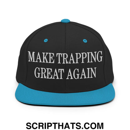 Black snapback cap with teal brim and button featuring white embroidered text make trapping great again