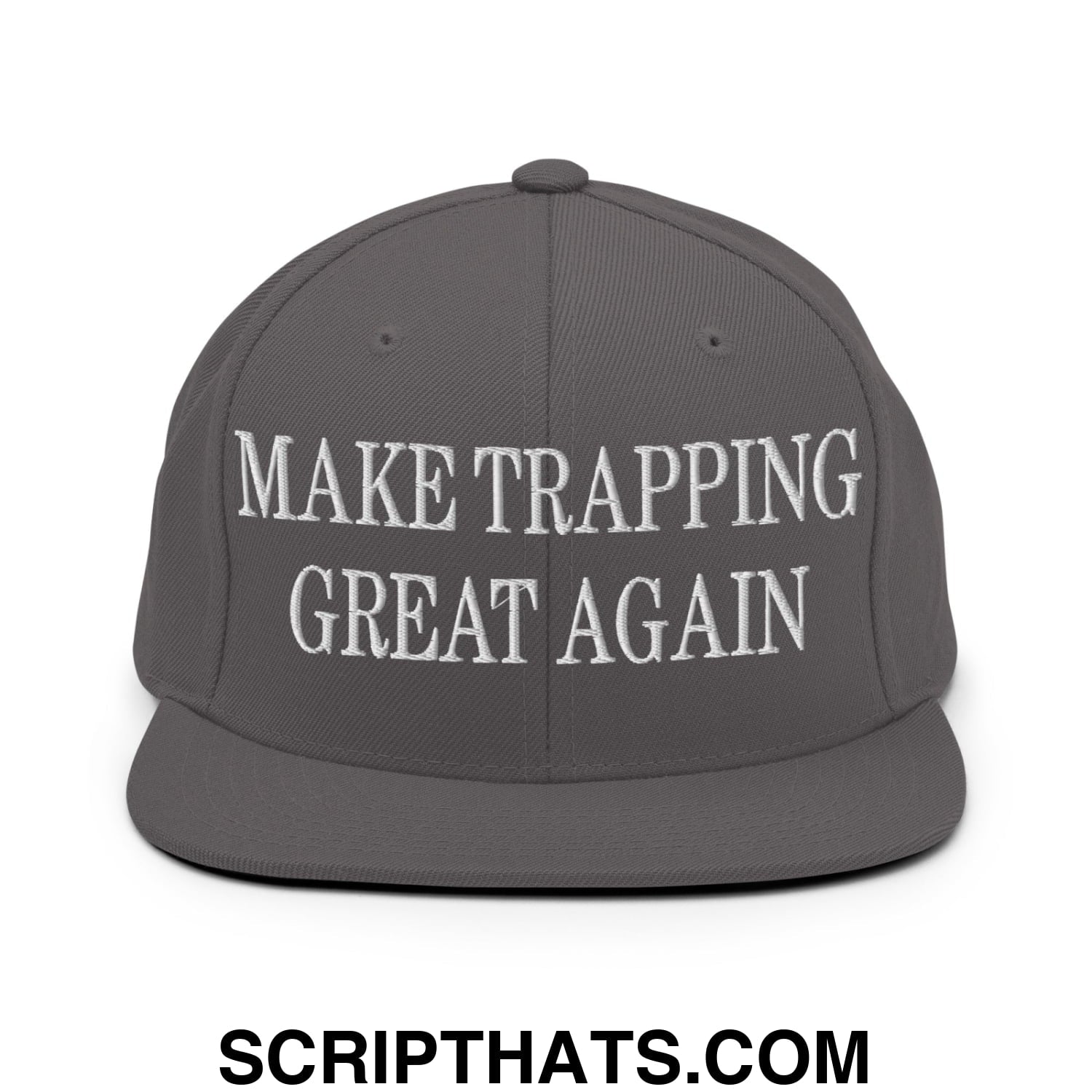 Gray snapback hat with white embroidered make trapping great again flat bill brim for casual wear