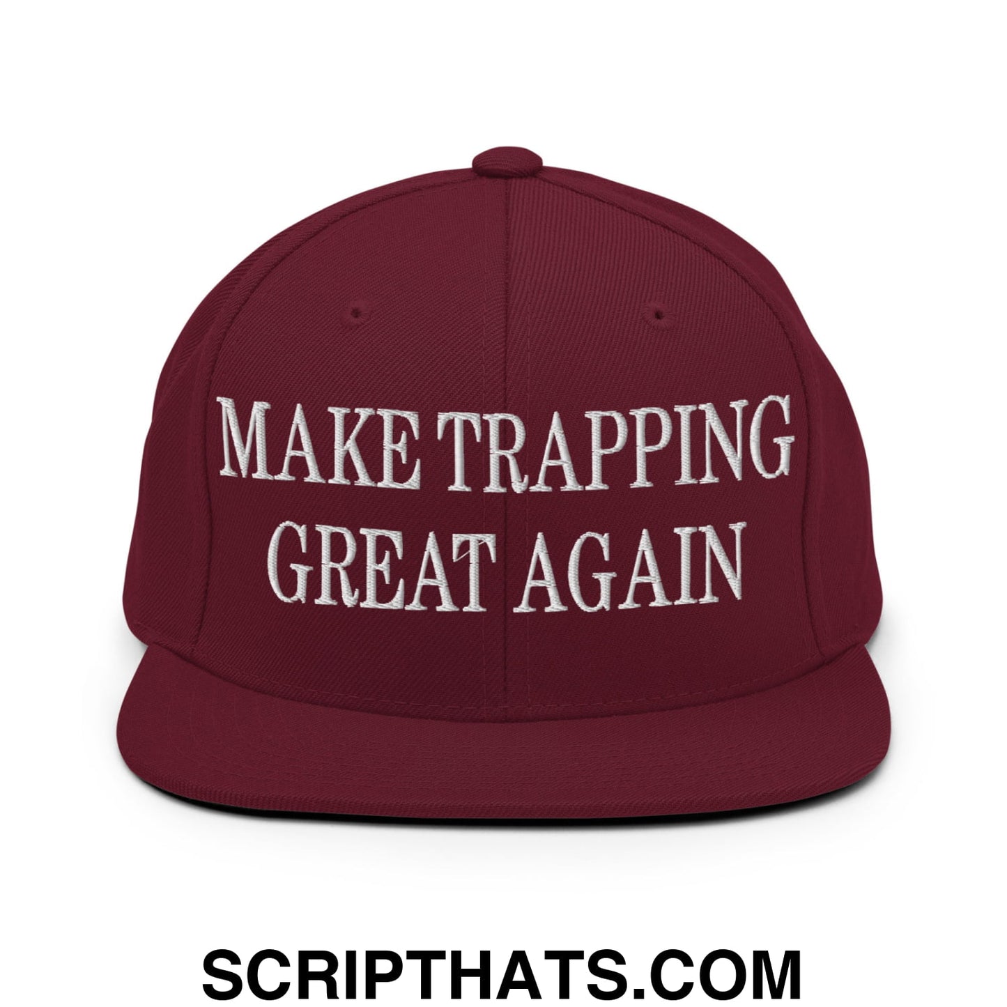 Maroon snapback hat with white embroidered make trapping great again text and flat bill brim for casual wear