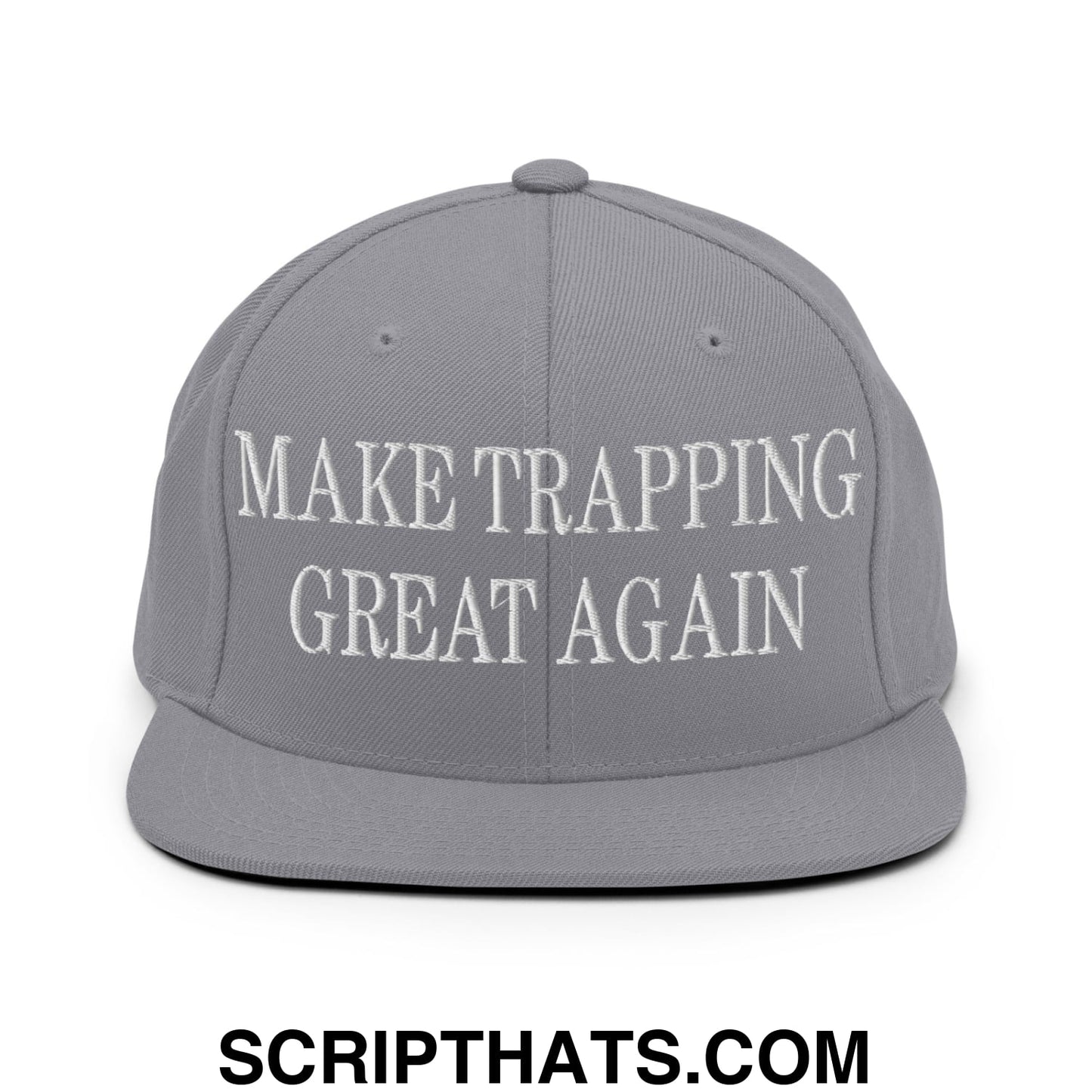 Gray snapback cap with white embroidered make trapping great again text and flat bill brim for casual wear