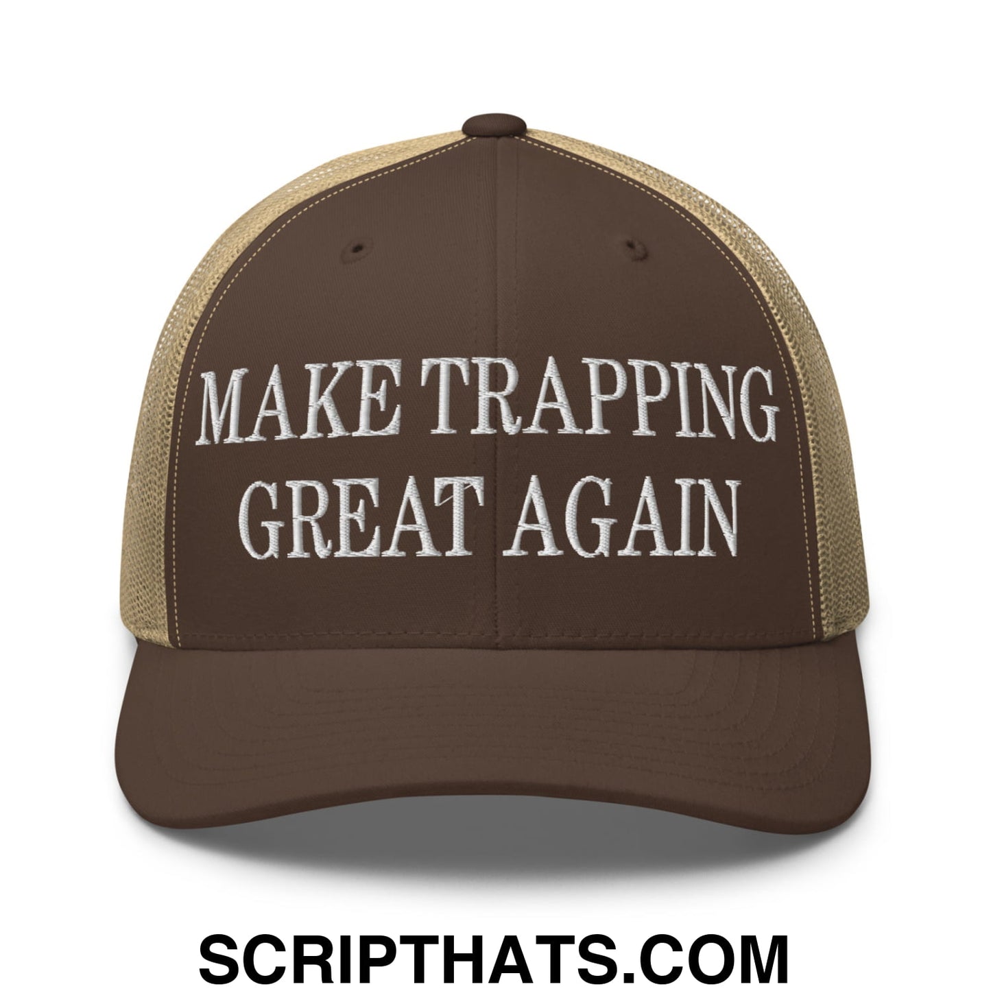 Brown and tan embroidered mesh trucker hat with white text make trapping great again