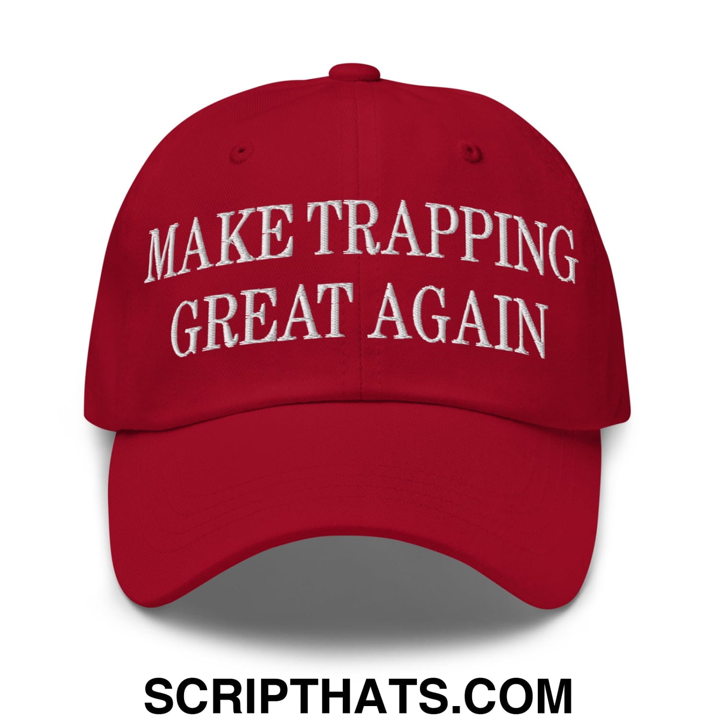 Red embroidered unstructured dad hat with white make trapping great again text for casual outdoor wear