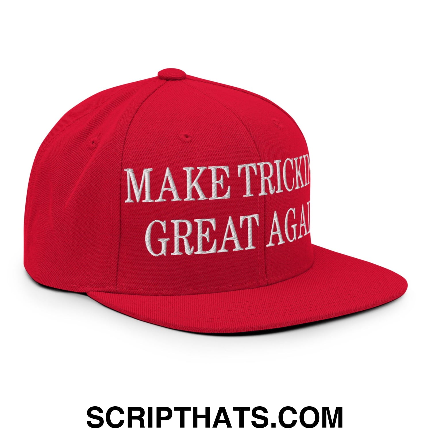 Red snapback cap with white embroidered make trickin great again text and flat bill brim for casual wear