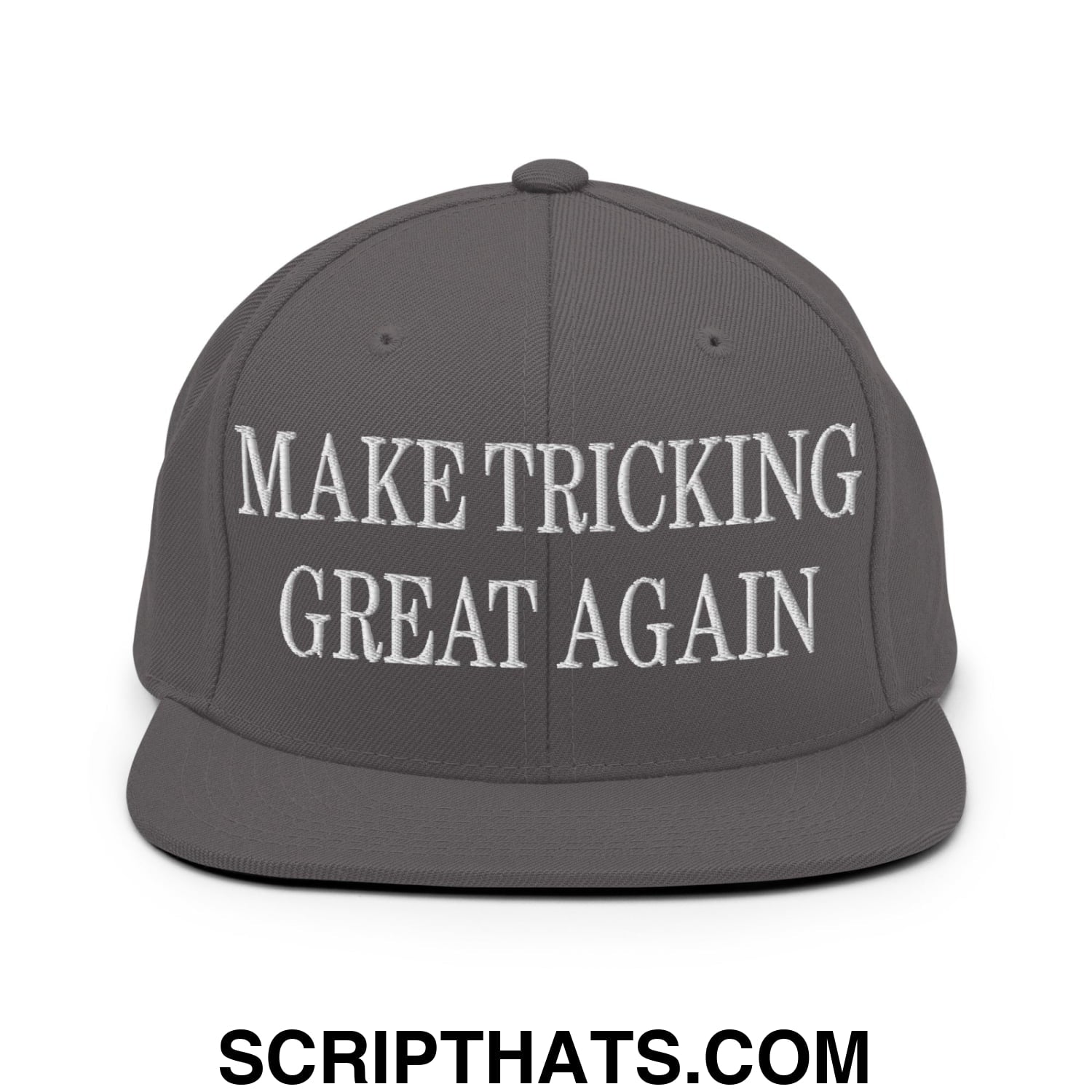Gray snapback hat with white embroidered make tricking great again text on flat bill brim for casual wear