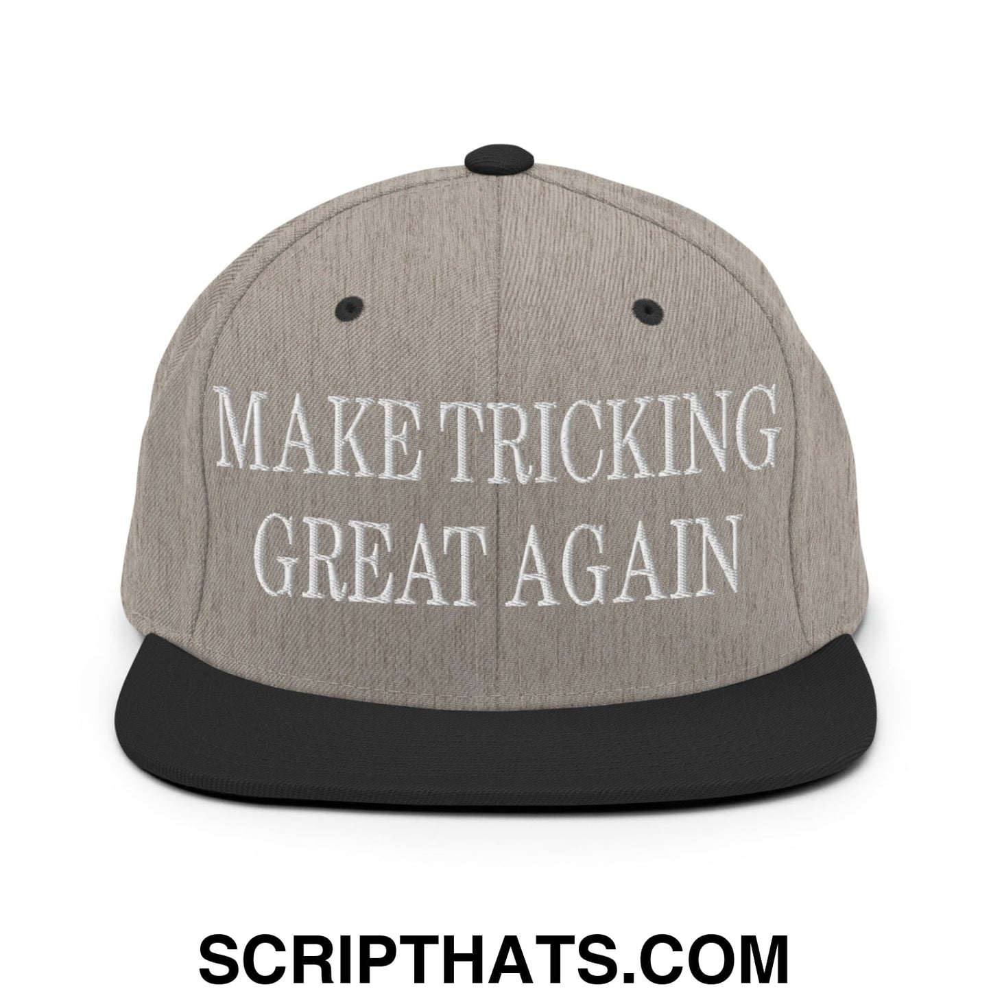 Gray snapback hat with black flat bill brim and white embroidered make tricking great again text