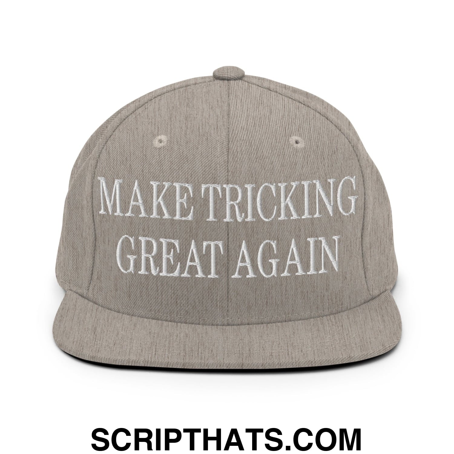 Gray embroidered flat bill brim snapback hat with white text make tricking great again for casual wear