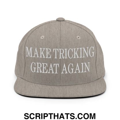 Gray embroidered flat bill brim snapback hat with white text make tricking great again for casual wear