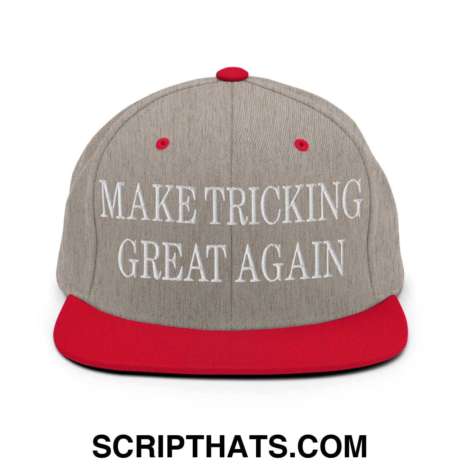 Gray and red snapback cap with white embroidered make tricking great again text on a flat bill brim