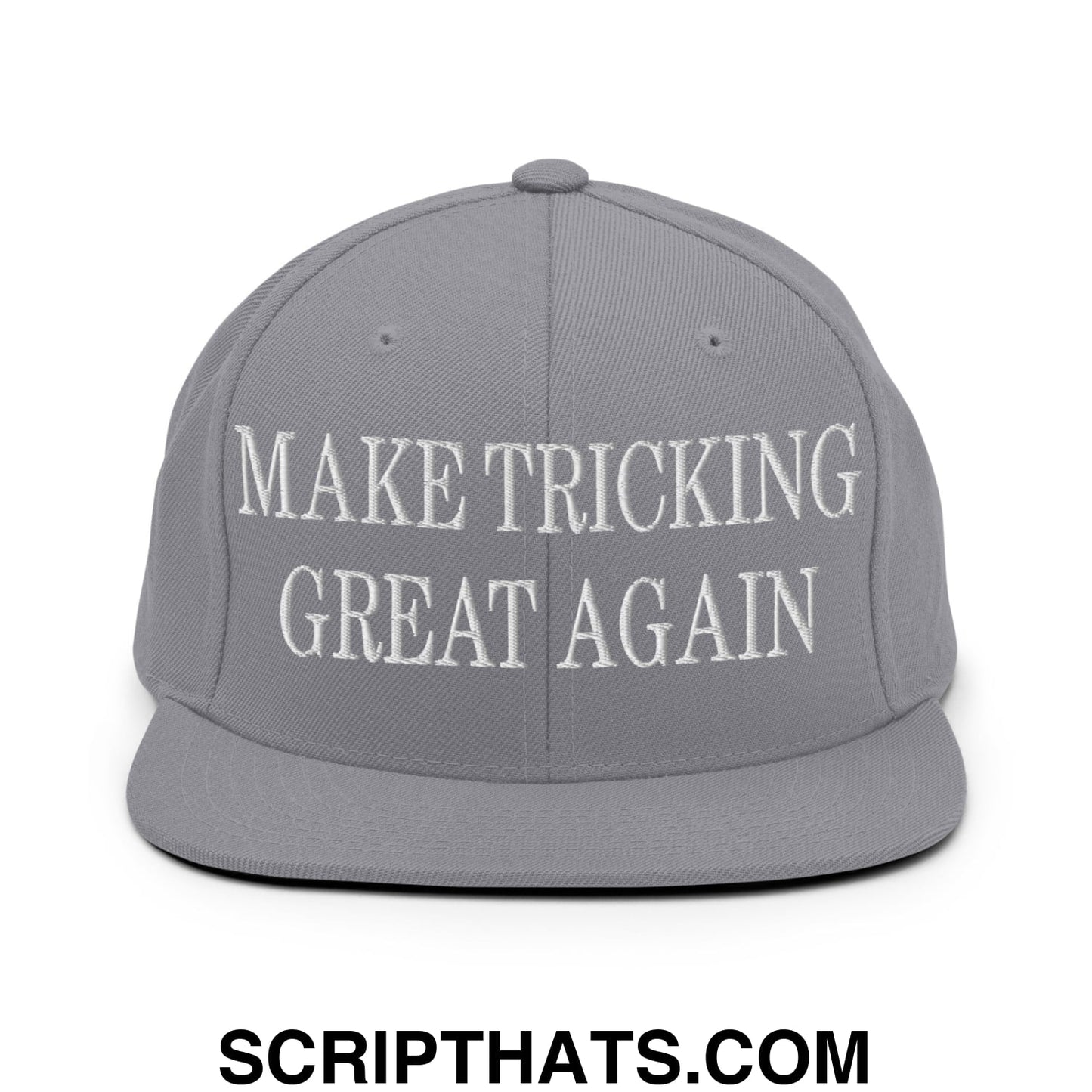 Gray flat bill brim snapback hat with white embroidered make tricking great again text on front panel