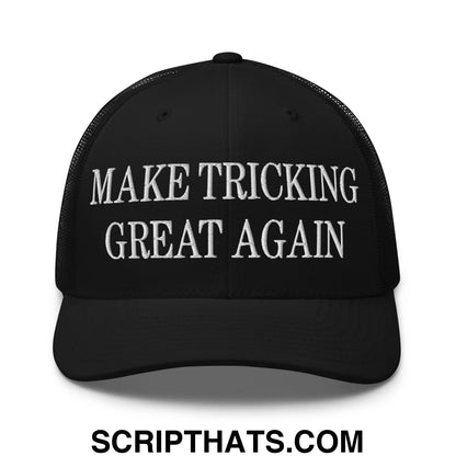Black mesh trucker hat with white embroidered make tricking great again text on front panel
