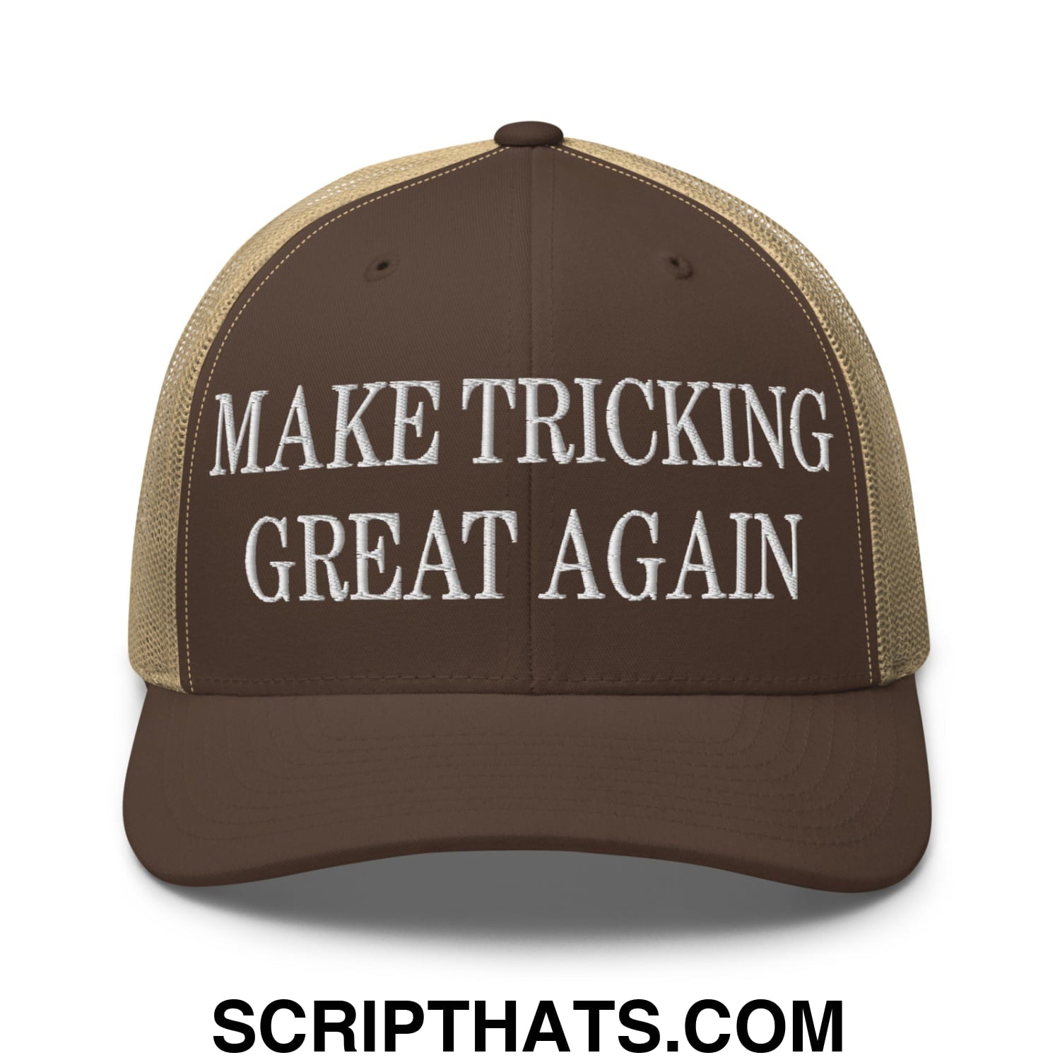Brown and tan mesh trucker hat with white embroidered text reading make tricking great again