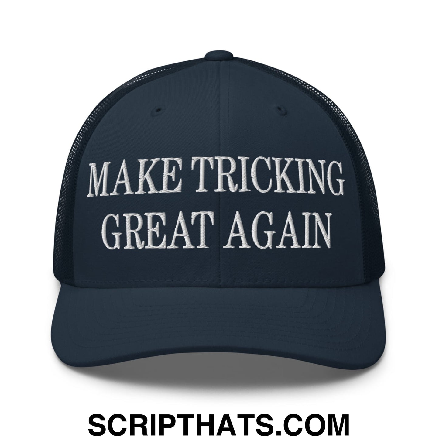 Dark navy blue mesh trucker hat with white embroidered make tricking great again text on the front panel