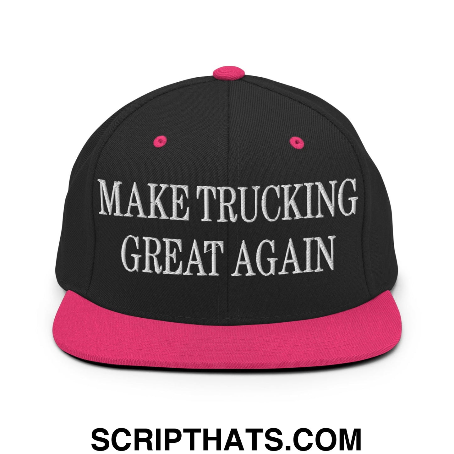 Black snapback cap with vibrant pink brim and button featuring white embroidered text make trucking great again