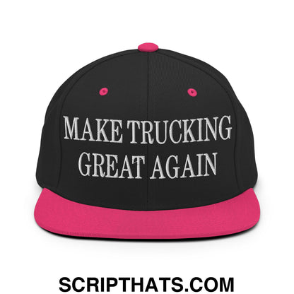 Black snapback cap with vibrant pink brim and button featuring white embroidered text make trucking great again