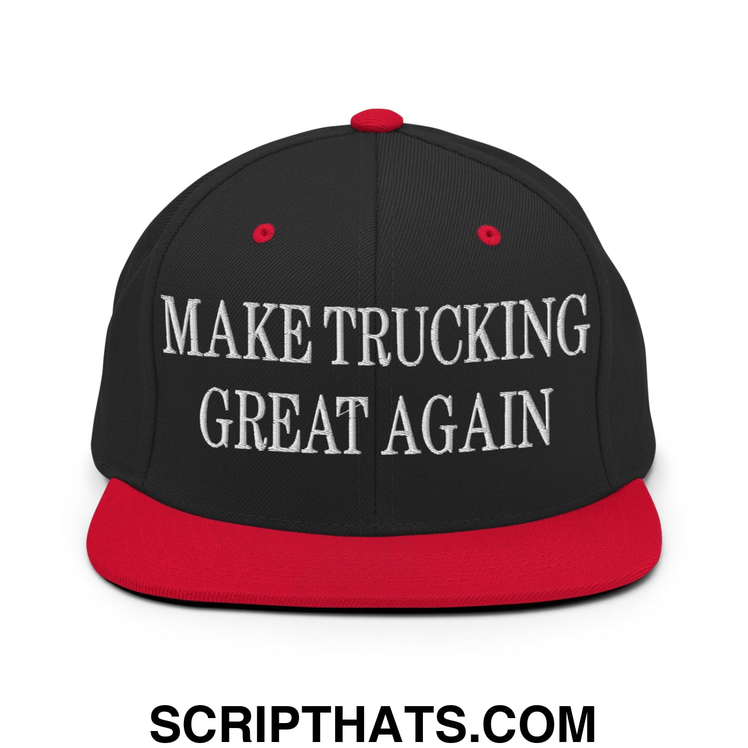 Black snapback cap with red brim and button featuring white embroidered make trucking great again text flat bill brim