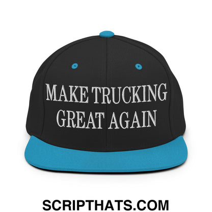 Black snapback cap with teal brim and button featuring white embroidered make trucking great again text