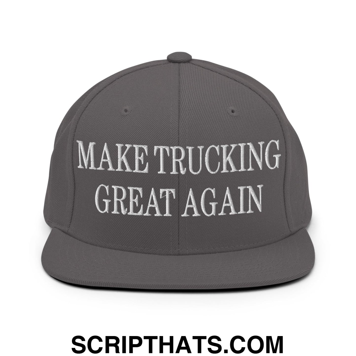 Gray snapback hat with white embroidered make trucking great again text and a flat bill brim design