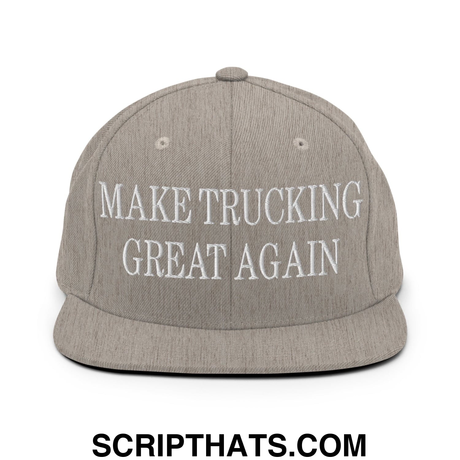 Gray embroidered flat bill snapback hat with white text reading make trucking great again for trucking enthusiasts