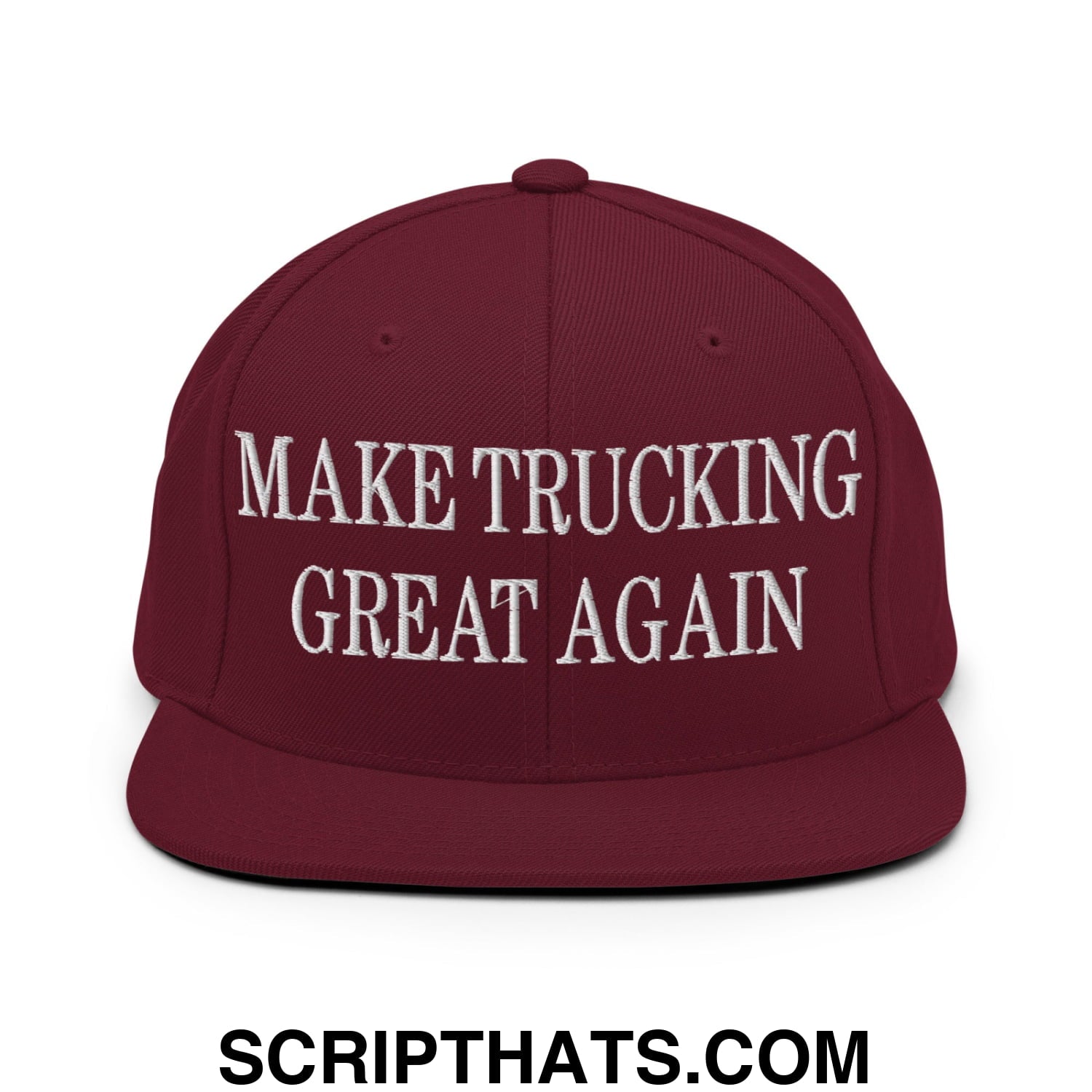 Maroon make trucking great again embroidered snapback hat with flat bill brim for trucking enthusiasts