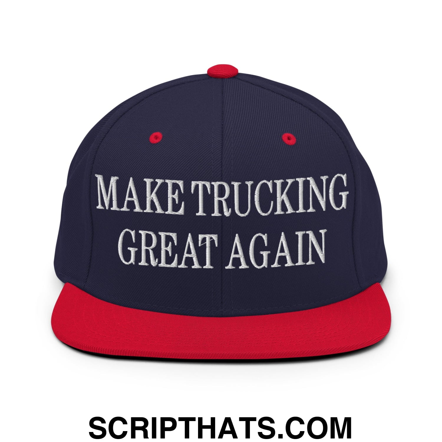 Navy blue and red snapback hat with white embroidered make trucking great again flat bill brim design