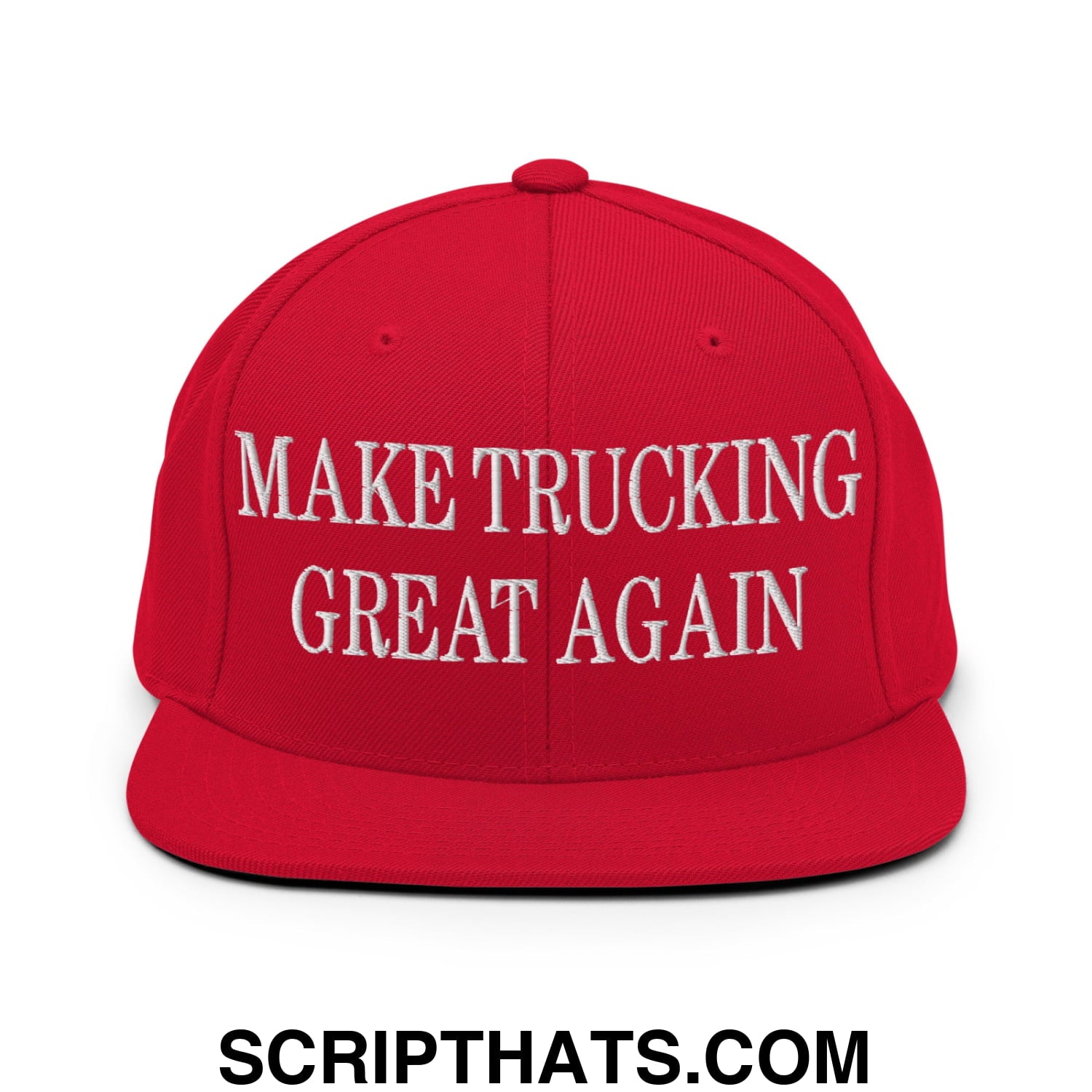 Red snapback cap with white embroidered make trucking great again text and flat bill brim for trucking enthusiasts