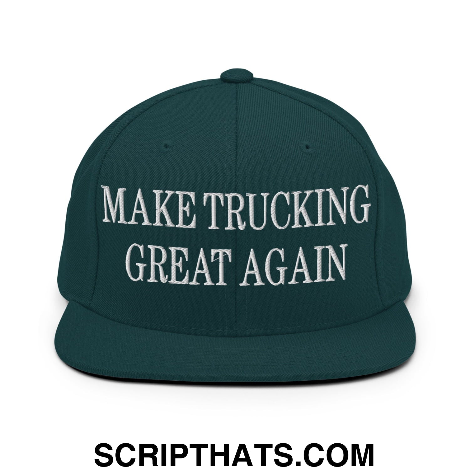 Dark green snapback cap with white embroidered make trucking great again text and flat bill brim design