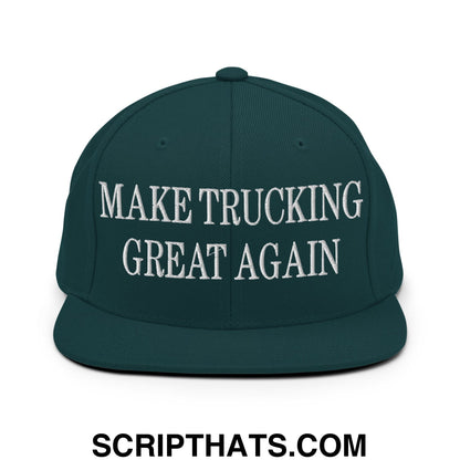 Dark green snapback cap with white embroidered make trucking great again text and flat bill brim design