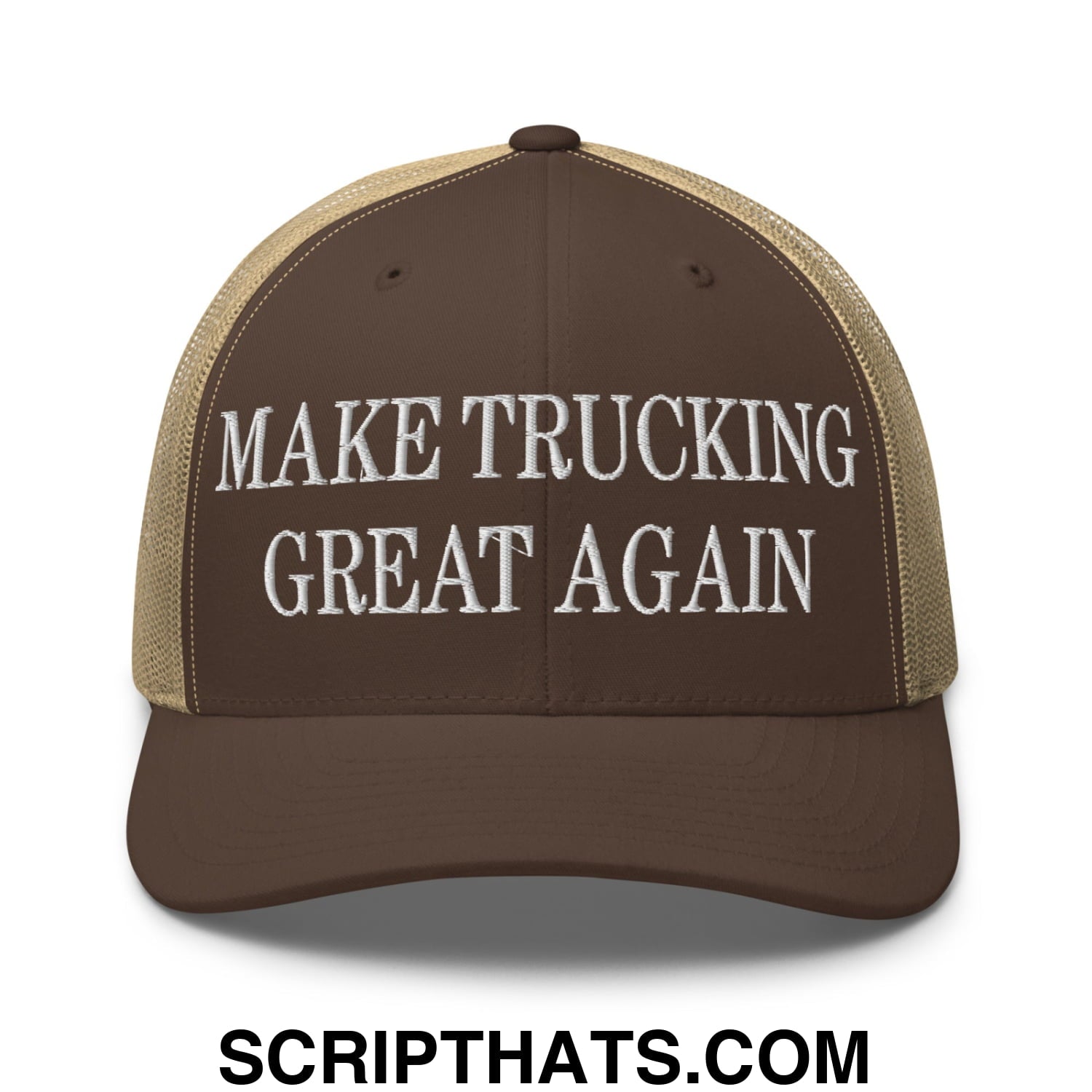 Brown and tan mesh trucker hat with white embroidered make trucking great again text for trucking fans