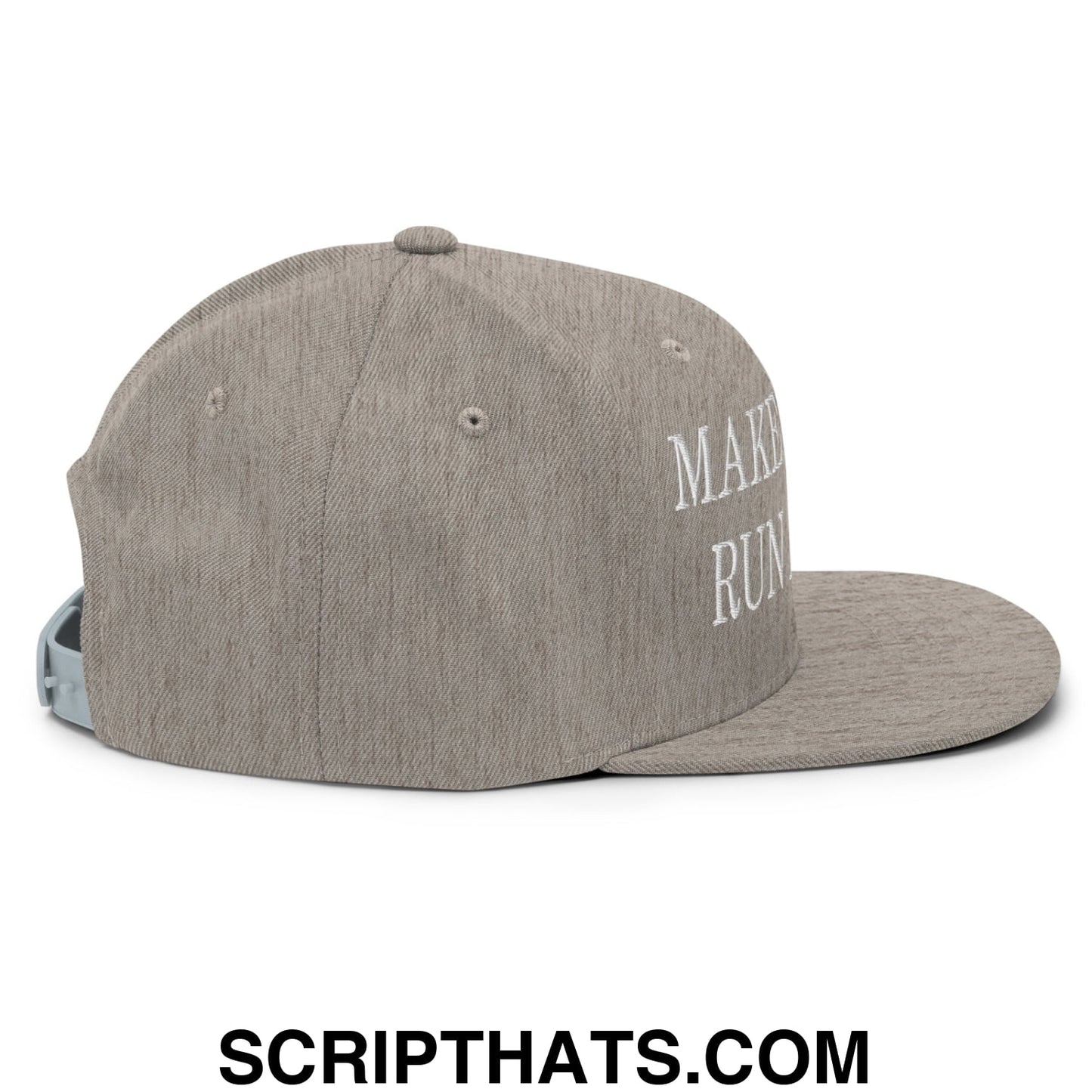 Gray heathered snapback cap with white embroidered make run text on the side in flat bill brim style