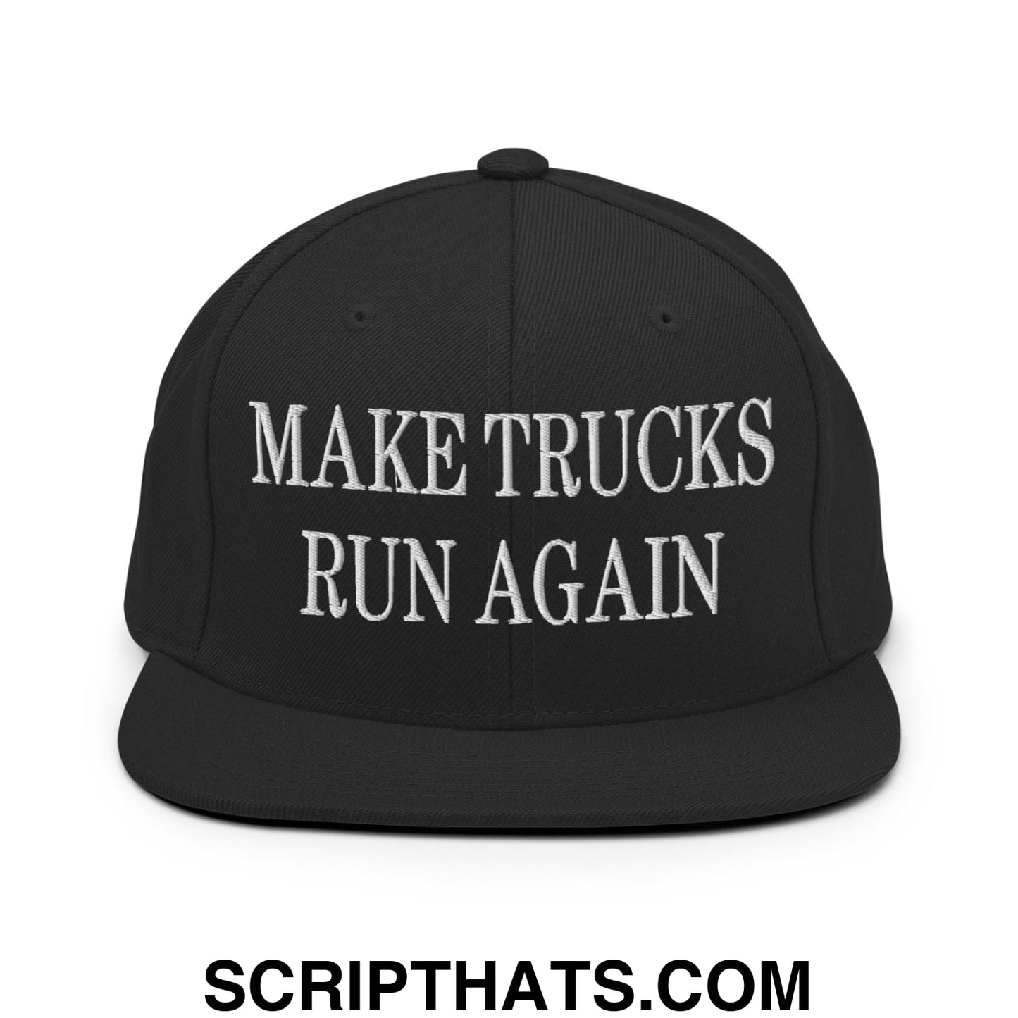 Black snapback hat with white embroidered make trucks run again text and flat bill brim for truck enthusiasts