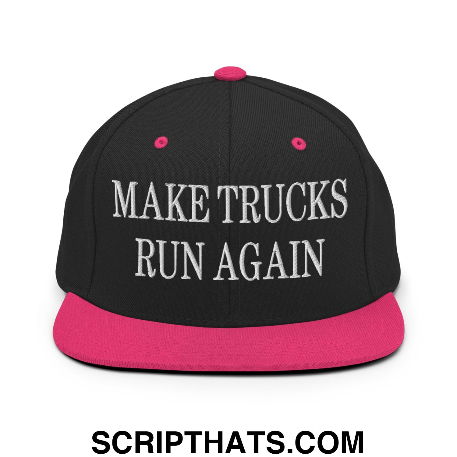 Black snapback hat with vibrant pink flat bill and white embroidered make trucks run again text
