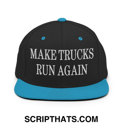 Black snapback cap with white embroidered make trucks run again text and teal brim button and eyelets