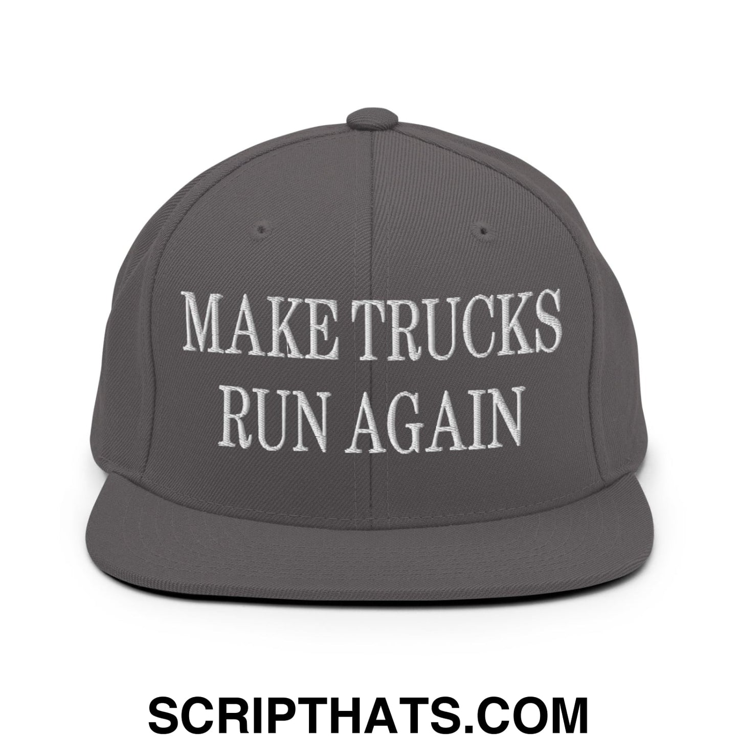 Gray snapback hat with white embroidered white text make trucks run again and flat bill brim design