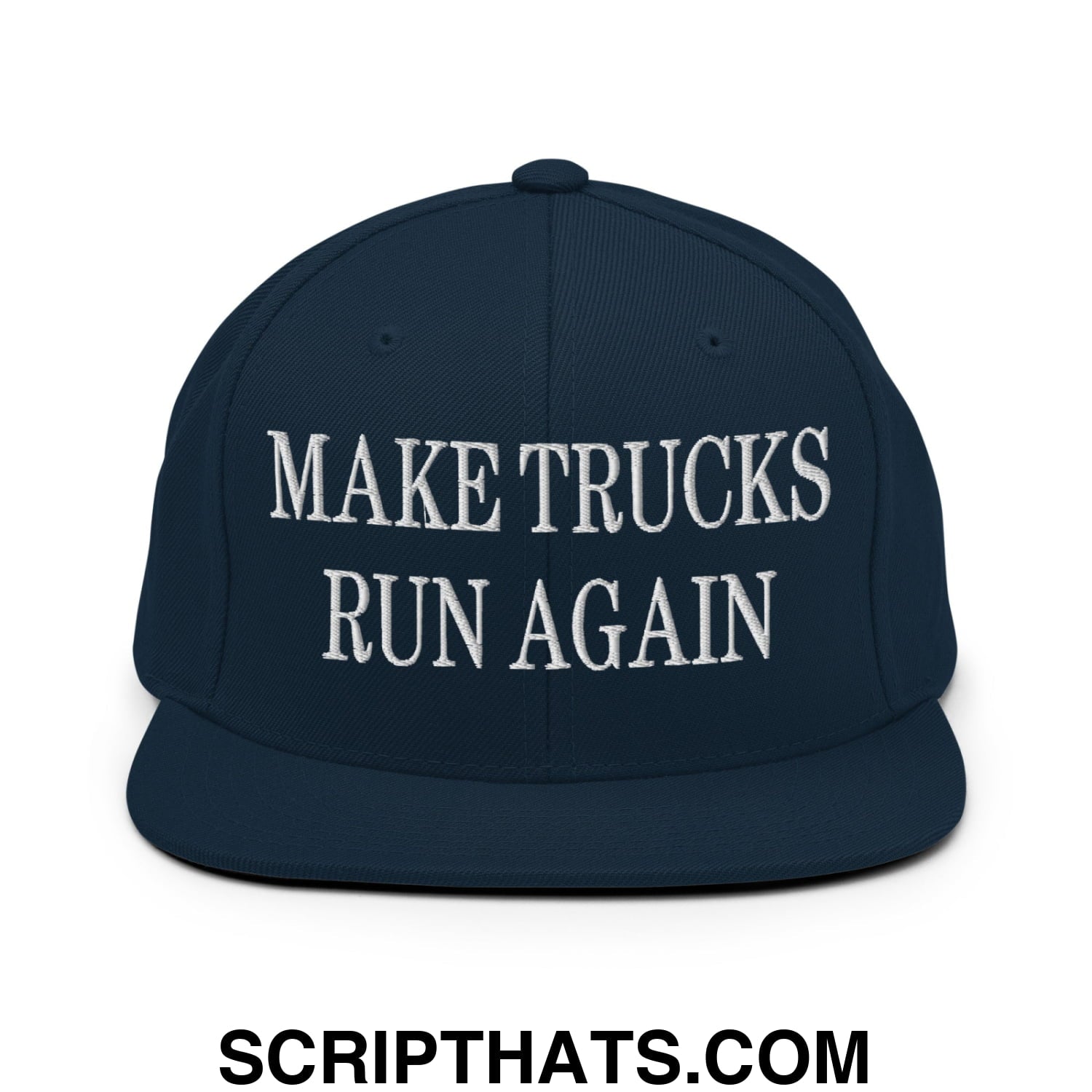 Navy blue snapback cap with white embroidered make trucks run again text and flat bill brim design