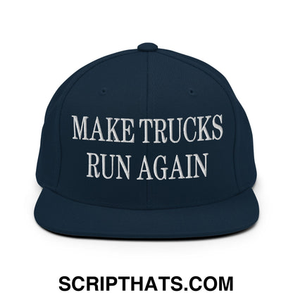 Navy blue snapback cap with white embroidered make trucks run again text and flat bill brim design
