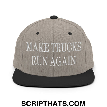 Gray snapback hat with black brim embroidered white text make trucks run again flat bill brim design