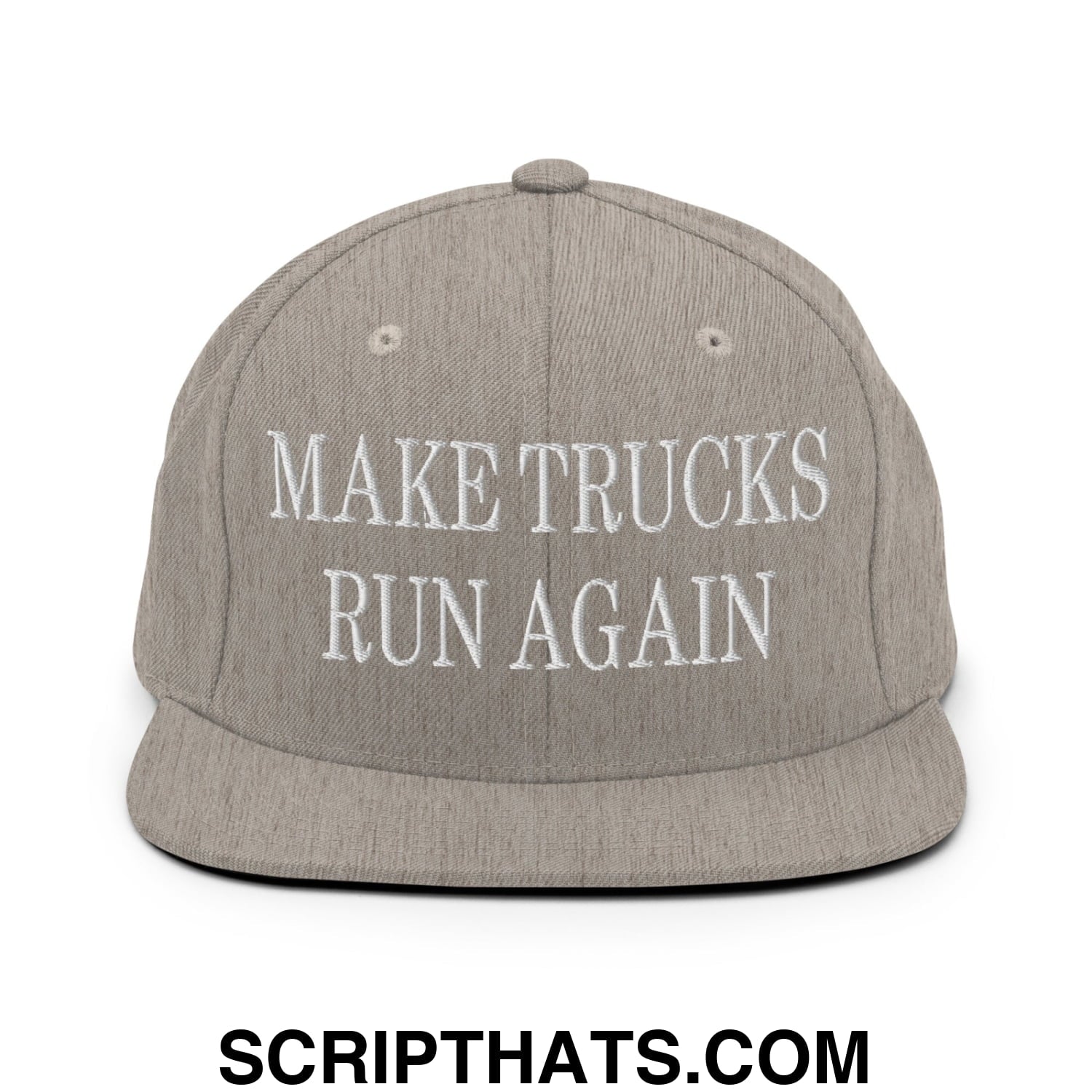 Gray snapback hat with white embroidered make trucks run again text and flat bill brim for truck enthusiasts