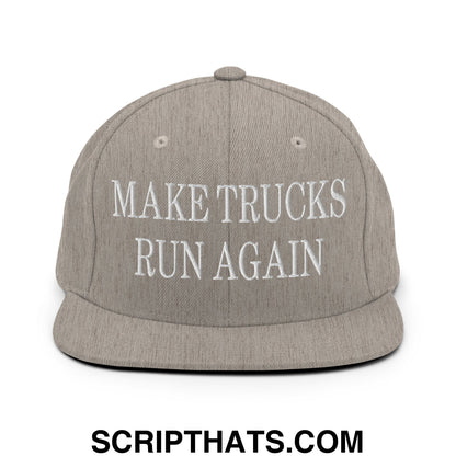 Gray snapback hat with white embroidered make trucks run again text and flat bill brim for truck enthusiasts