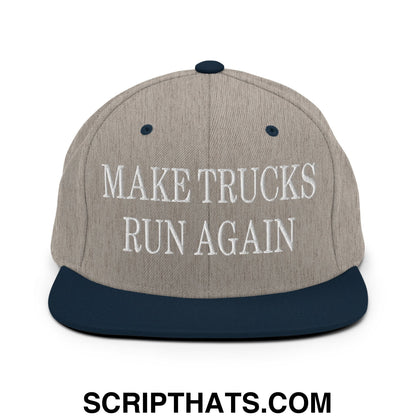 Gray and navy blue flat bill brim snapback hat with white embroidered text make trucks run again