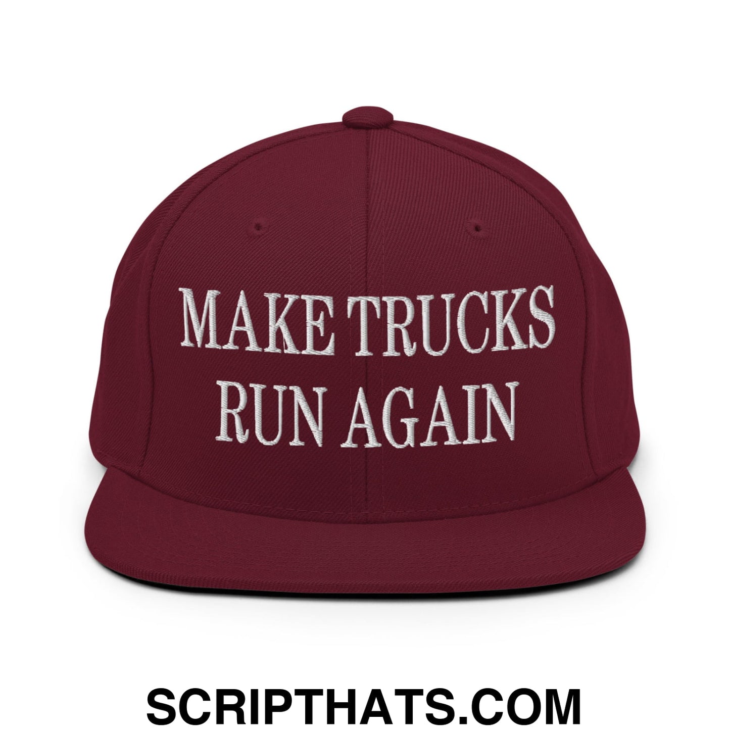 Maroon flat bill brim snapback hat with white embroidered make trucks run again text for truck enthusiasts