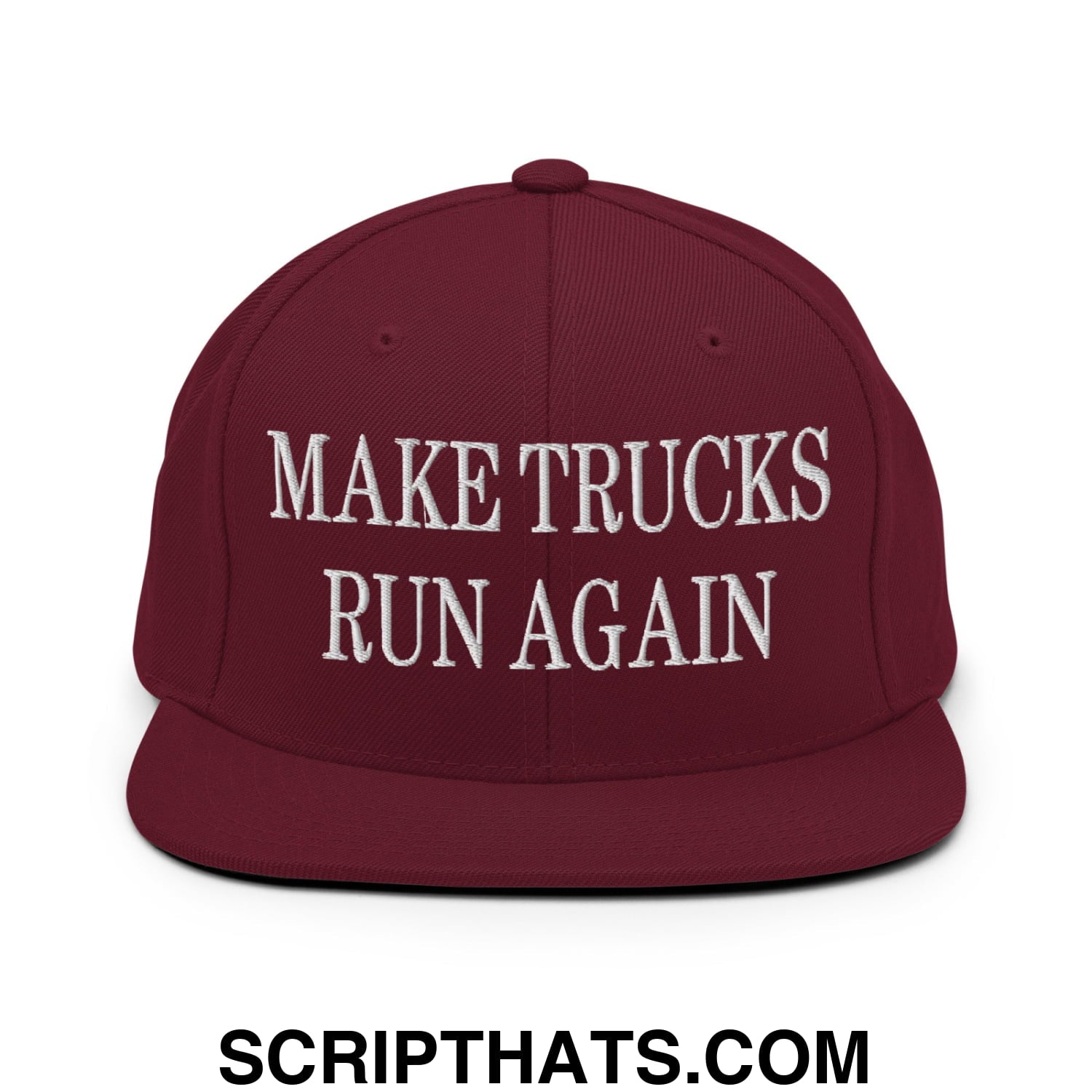 Maroon flat bill brim snapback hat with white embroidered make trucks run again text for truck enthusiasts