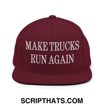 Maroon flat bill brim snapback hat with white embroidered make trucks run again text for truck enthusiasts