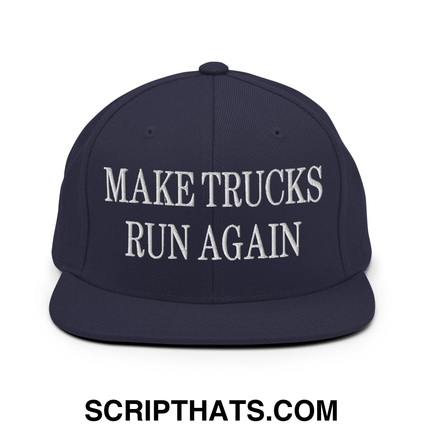 Navy blue snapback hat with white embroidered text make trucks run again featuring a flat bill brim design